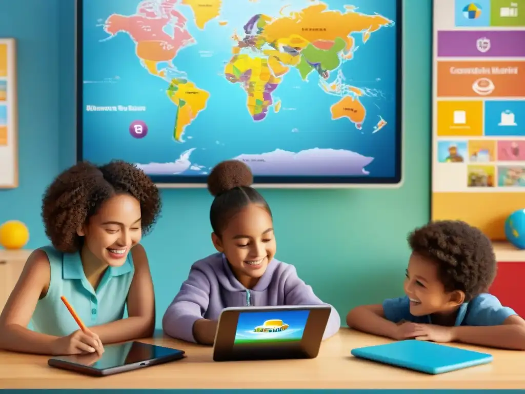 Un aula multicultural con niños disfrutando de juegos educativos en tablets y laptops