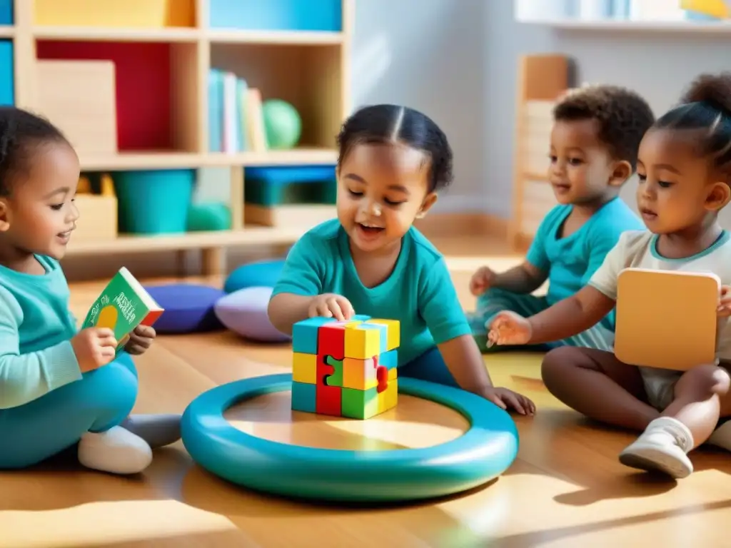 Aula soleada con niños y maestra mostrando pieza de rompecabezas