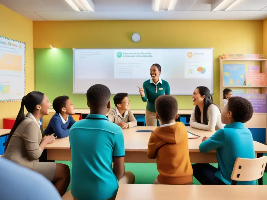 Aula vibrante con estudiantes diversos participando en juegos educativos revolucionando aulas