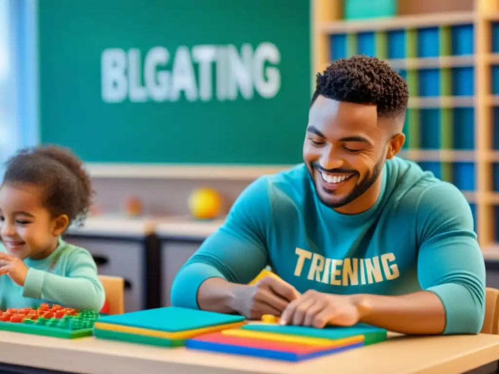 Una aula vibrante con niños de diversas edades y orígenes disfrutando de juegos educativos que estimulan la imaginación