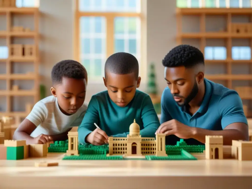 Un aula vibrante con niños construyendo réplicas históricas con juegos de construcción