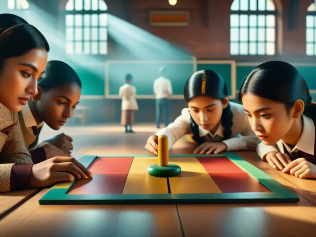 Un aula vintage con estudiantes jugando juegos tradicionales, resaltando la importancia de incluir juegos antiguos en plataformas educativas