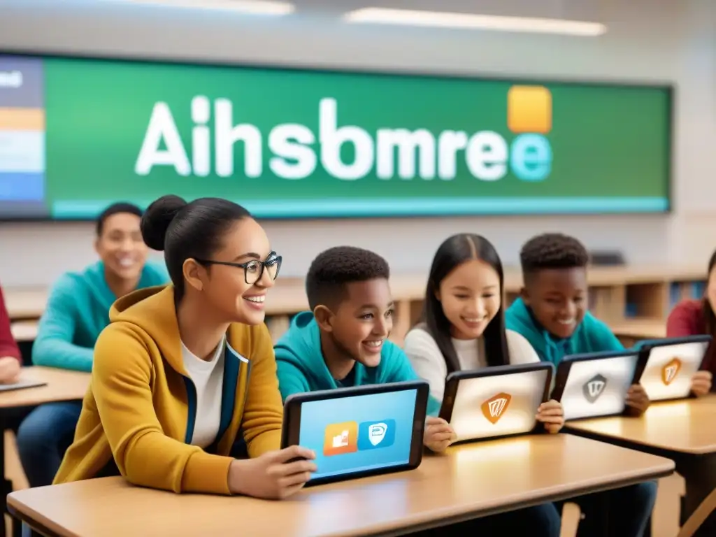 Aulas vibrantes con juegos educativos revolucionando el aprendizaje de estudiantes diversos en un aula llena de color y entusiasmo