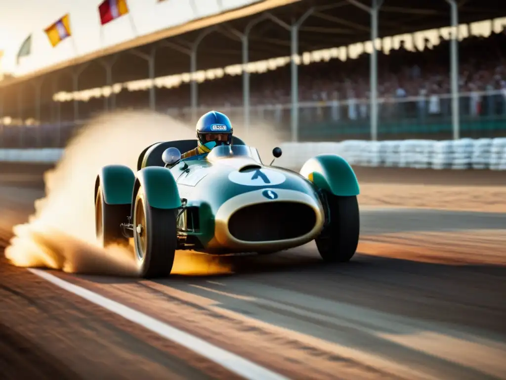 Un auto de carreras vintage en América Latina, con patrocinadores vibrantes, surca una pista histórica entre espectadores emocionados al atardecer