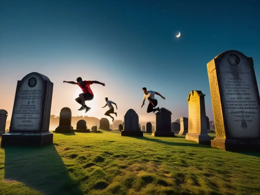 Aventura de parkour nocturno en cementerio histórico con saltos y acrobacias bajo la luna