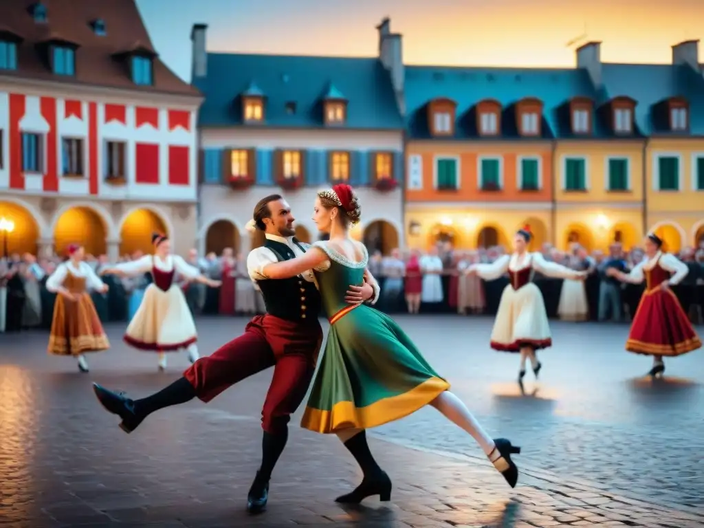 Un baile tradicional europeo en una plaza histórica, destaca la relación entre danza y deportes en la historia europea