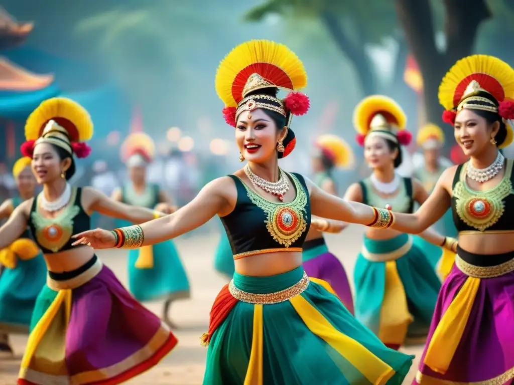 Baile tradicional en festival colorido del Sudeste Asiático, juegos en ceremonias destacan