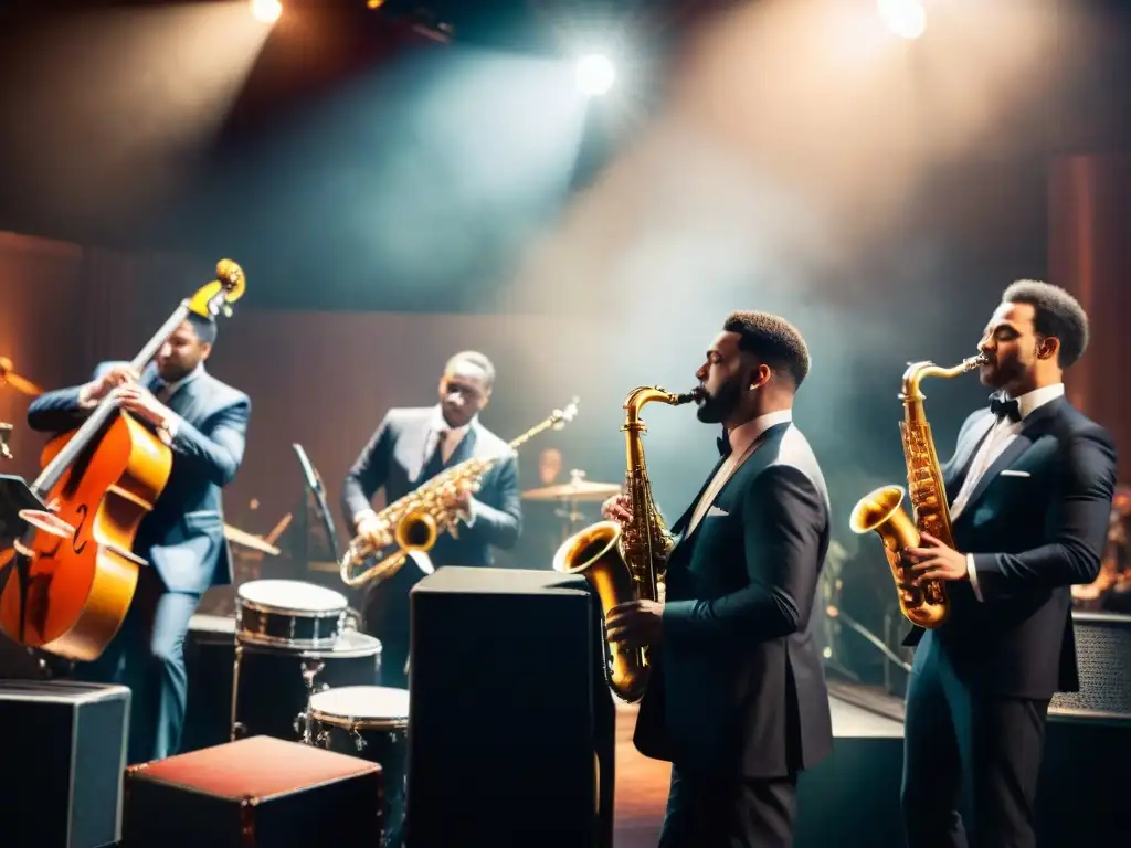 Una banda de jazz vibrante tocando en un escenario tenue, creando melodías fascinantes