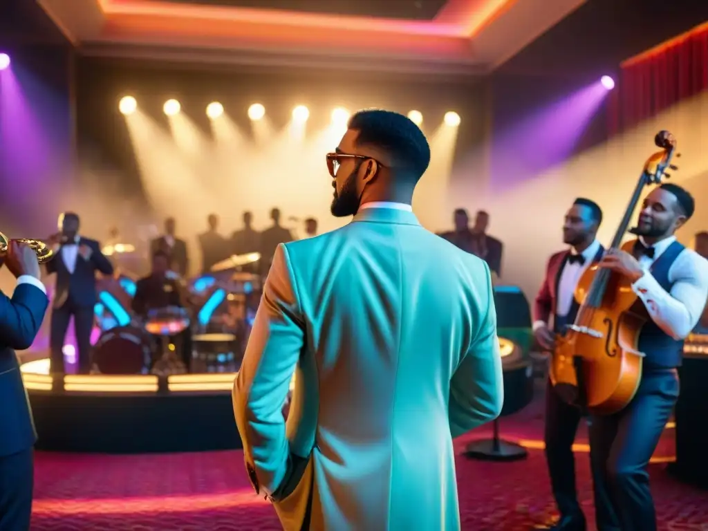 Una banda de jazz vibrante tocando en un escenario de casino, con luces coloridas iluminando la escena y personas elegantemente vestidas disfrutando de la música y bailando en el fondo