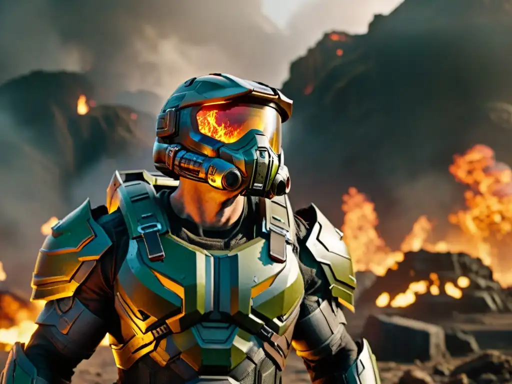 Batalla épica del Doom Slayer en paisaje infernal