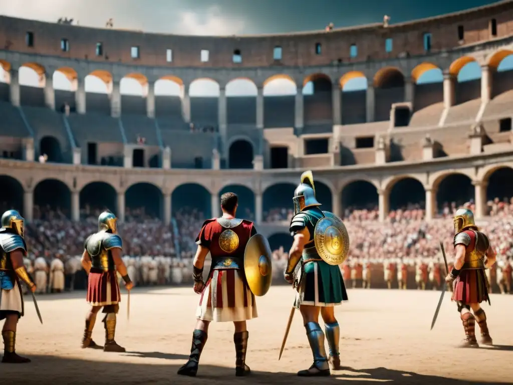 Una batalla de gladiadores clásica en un coliseo, con detalles realistas y público emocionado