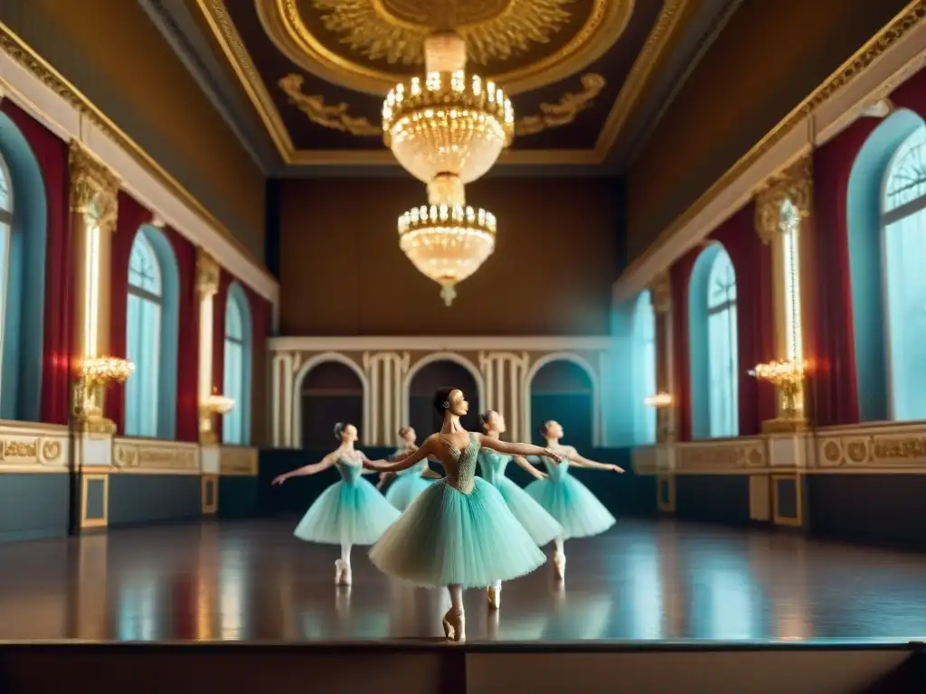 Bellas bailarinas de ballet ruso ensayan en un teatro majestuoso, exudando historia y gracia