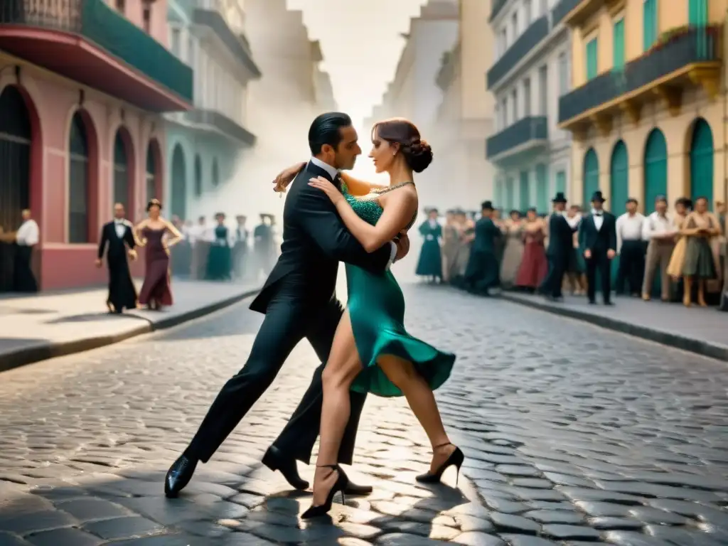 Una fotografía en blanco y negro de las bulliciosas calles de Buenos Aires en los años 1900, con un grupo de bailarines de tango apasionados