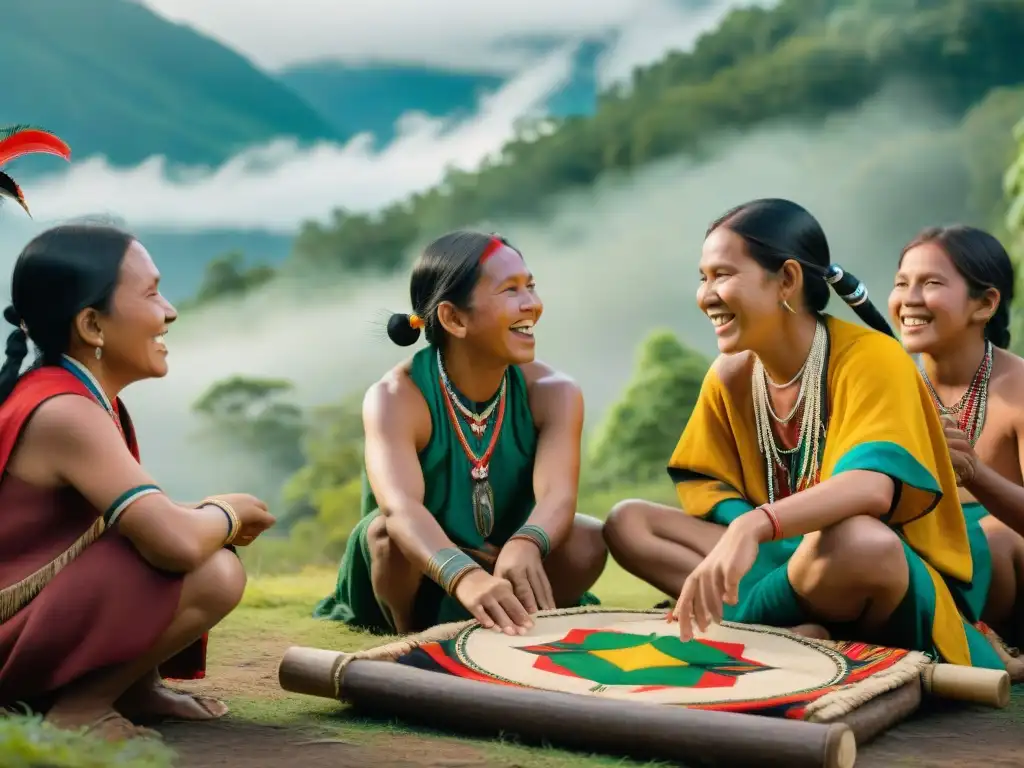 Transmisión de juegos indígenas: niños jugando en el bosque con ancianos sonrientes de fondo