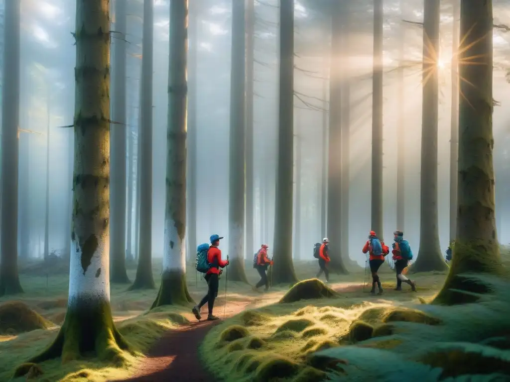 Un bosque europeo al amanecer, atletas en carrera de orientación