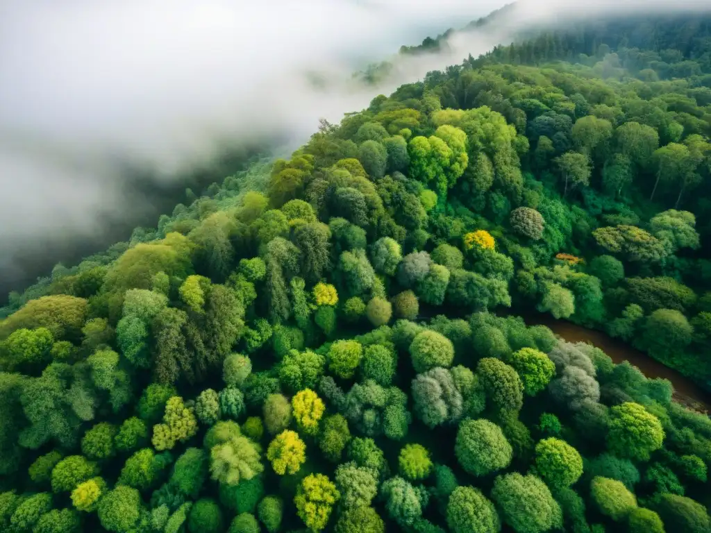 Un bosque exuberante con un río serpenteante, resaltando la diversidad y belleza de los ecosistemas naturales