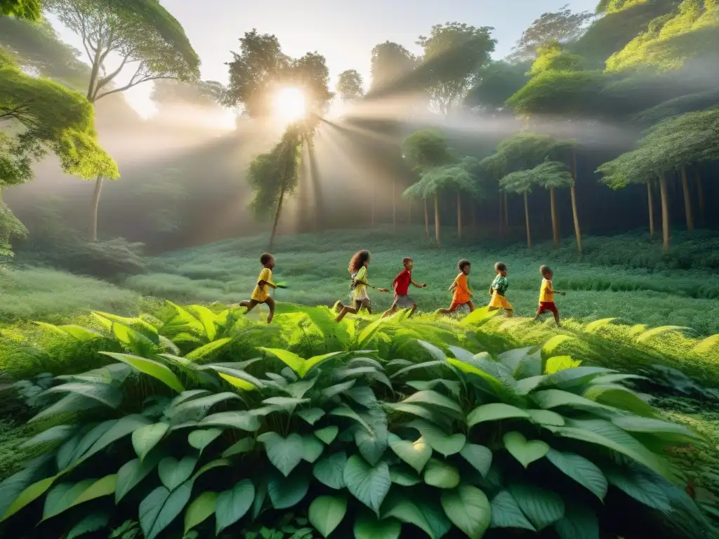 Un bosque mágico donde niños juegan y cuidan la naturaleza, transmitiendo conciencia ecológica