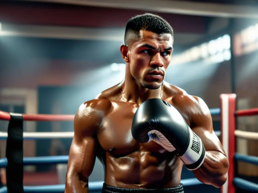 Un boxeador urbano muestra fuerza y determinación en un gimnasio, con influencia del boxeo en moda