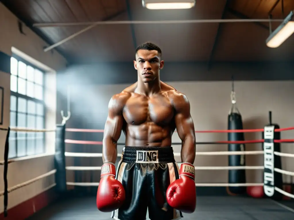 Un boxeador vintage en un gimnasio de boxeo, reflejando la influencia del boxeo en moda