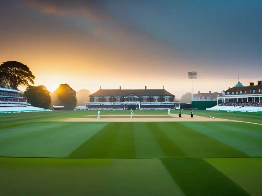 Amanecer brumoso en Lord's Cricket Ground, con jugadores practicando en el campo verde