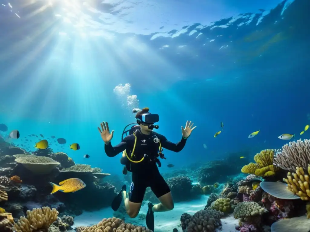 Un buceador maravillado explora un arrecife de coral en realidad virtual, rodeado de vida marina colorida