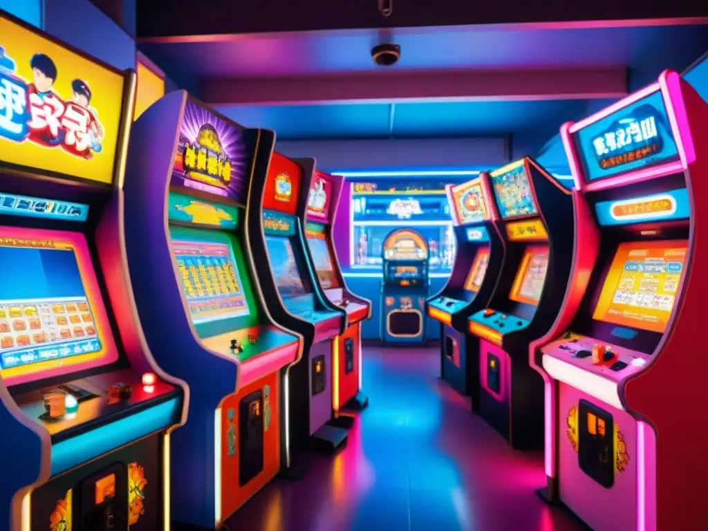 Un bullicioso arcade en Tokio con juegos de simulación asiáticos historia y luces de neón reflejadas en rostros concentrados