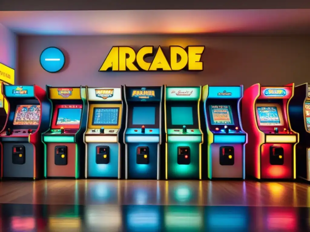 Un bullicioso arcade vintage lleno de coloridos gabinetes de videojuegos retro de los años 80 y 90