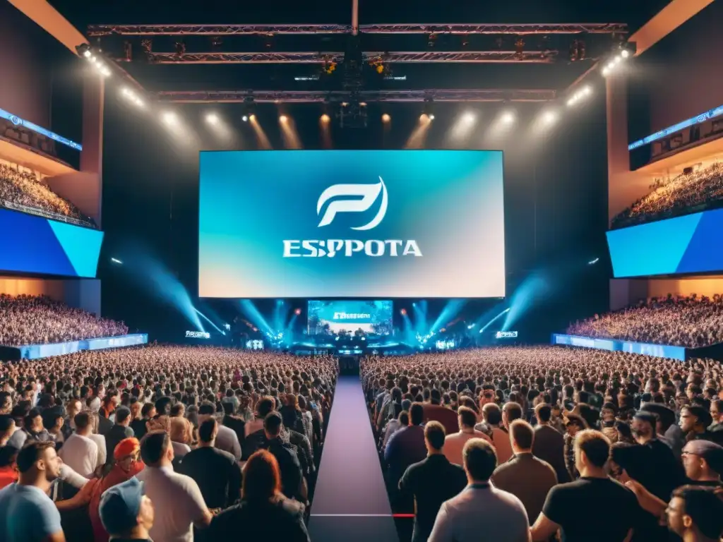 El bullicioso estadio de eSports muestra patrocinadores en vibrantes pantallas LED, fans apasionados y jugadores enfocados