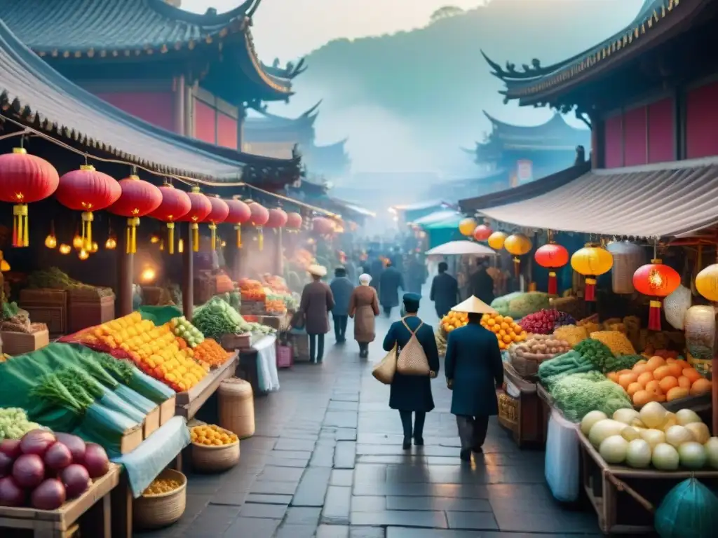 Un bullicioso mercado asiático tradicional con juegos de palabras y colores vibrantes