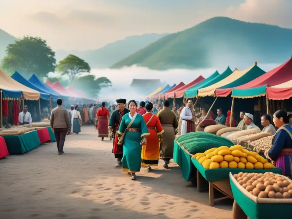 Mercado vibrante y festivo en tradicional festival cultural Un bullicioso mercado festivo con juegos tradicionales y coloridas artesanías, capturando la esencia de festivales juegos tradicionales culturas