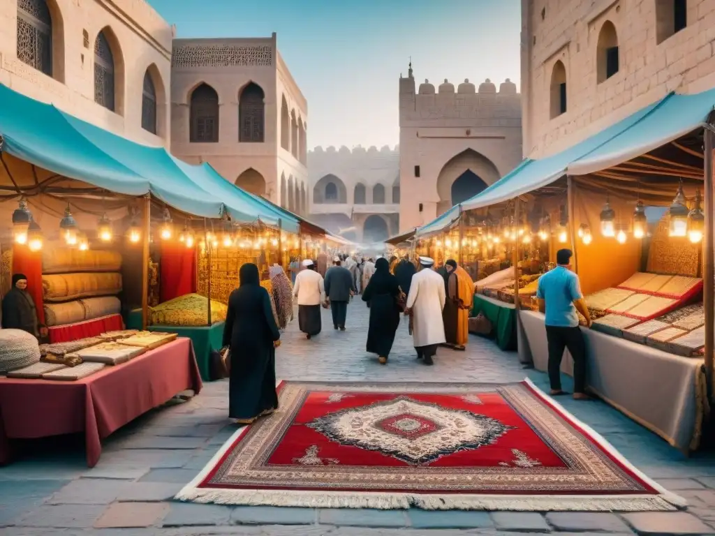 Un bullicioso mercado en una histórica ciudad del Oriente Medio, con juegos antiguos y artesanías tradicionales en coloridas calles empedradas