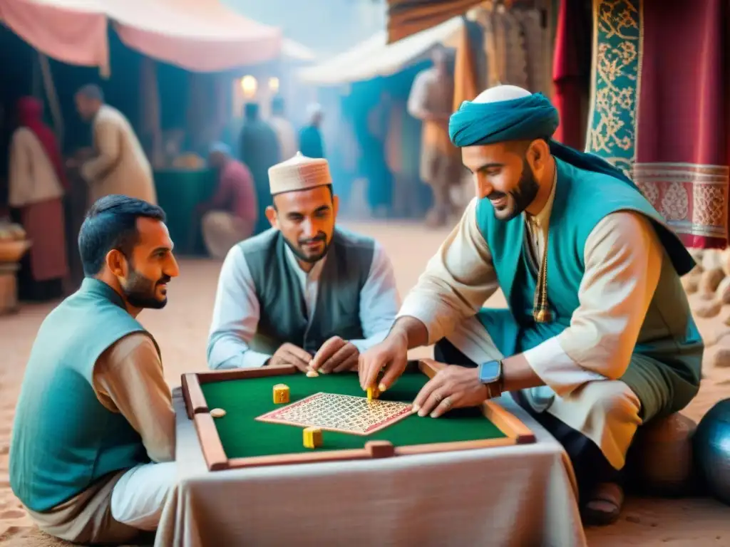 Un bullicioso mercado en Marruecos, con juegos de mesa árabes