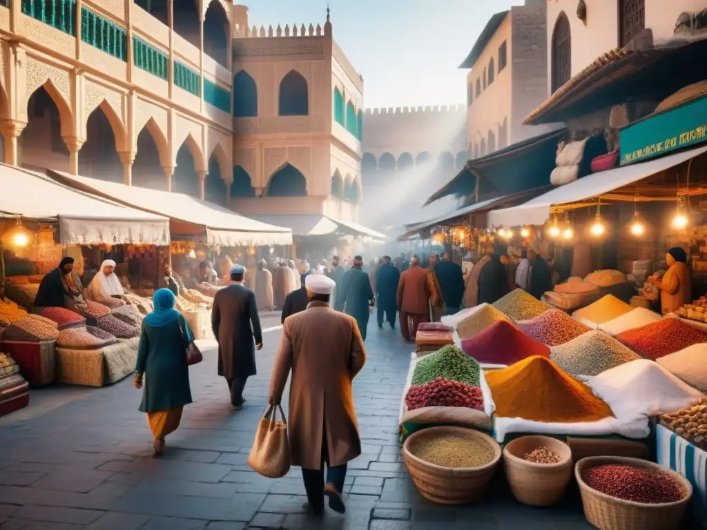 Un bullicioso mercado en Oriente Medio, con puestos coloridos y arquitectura ornamental