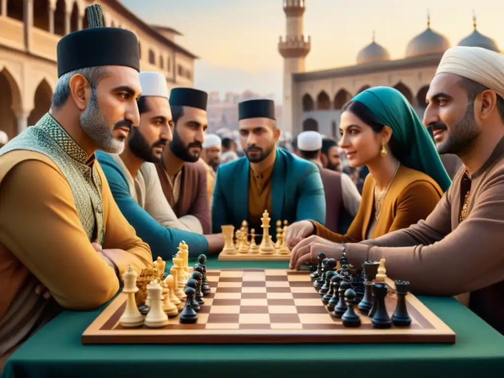 Un bullicioso mercado otomano con partidas de ajedrez bajo textiles vibrantes y arquitectura ornamental