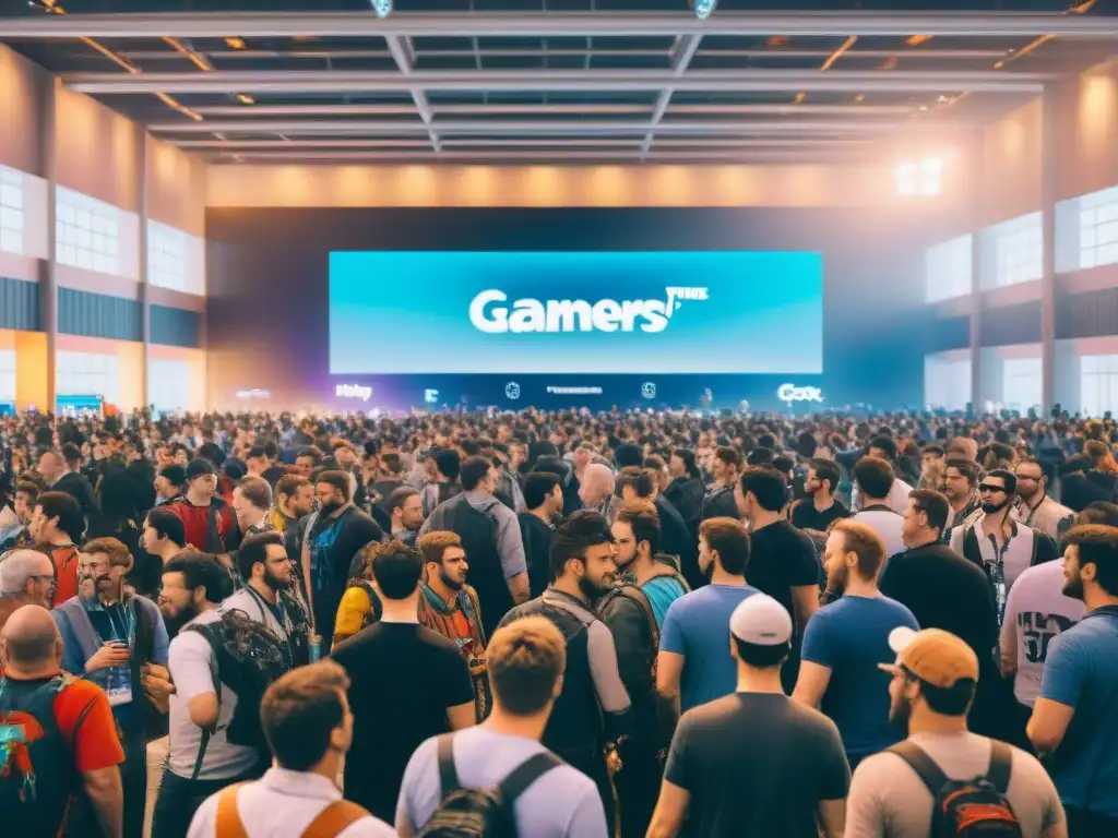 Un bullicioso salón de convenciones con apasionados gamers y desarrolladores disfrutando de emocionantes proyectos de juegos en crowdfunding en 2023