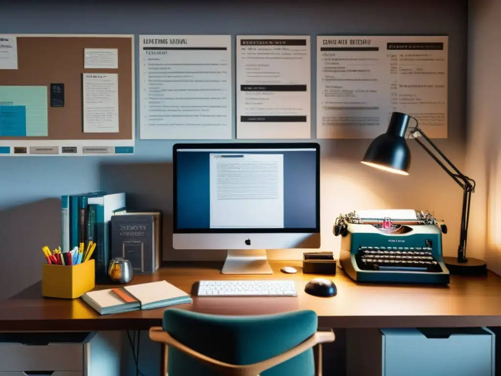 Un bullicioso rincón de trabajo de un desarrollador, con computadoras, libros, y bocetos de personajes