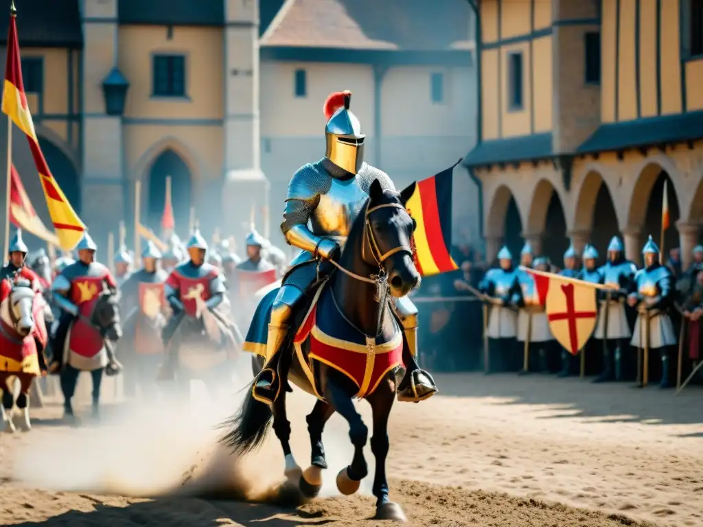 Un caballero en armadura participa en un torneo de justas en un castillo medieval