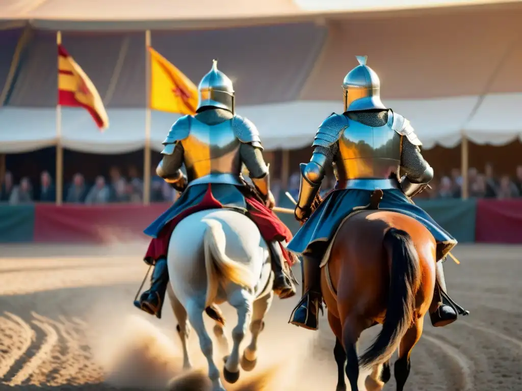 Dos caballeros en armadura se preparan para joust en un torneo medieval, rodeados de espectadores y banderas