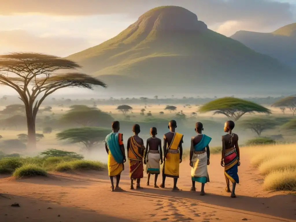 Un cálido atardecer en la sabana africana, niños juegan un antiguo juego de supervivencia