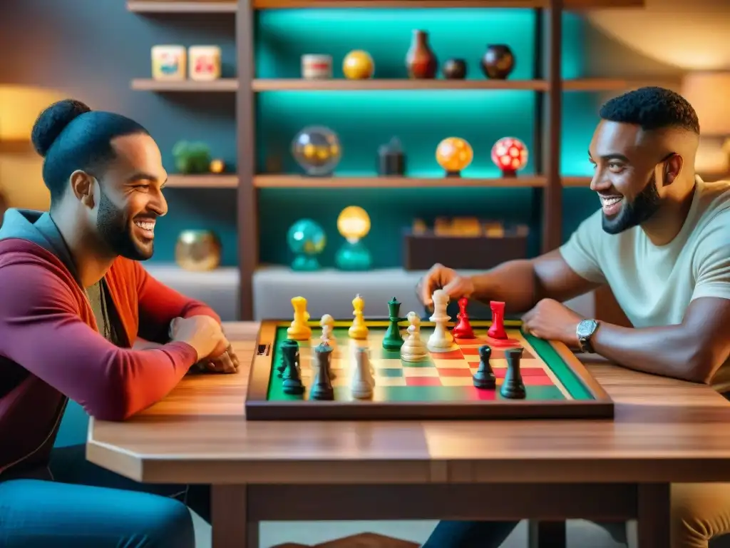 Un cálido salón con amigos de distintas edades y culturas disfrutando de una noche de juegos de mesa