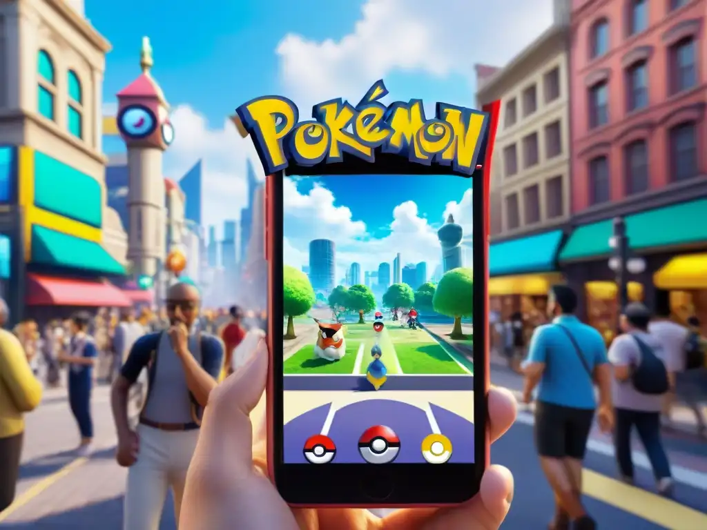 Una calle bulliciosa llena de gente diversa disfrutando de Pokémon Go, fusionando la historia, evolución y culturas de los juegos