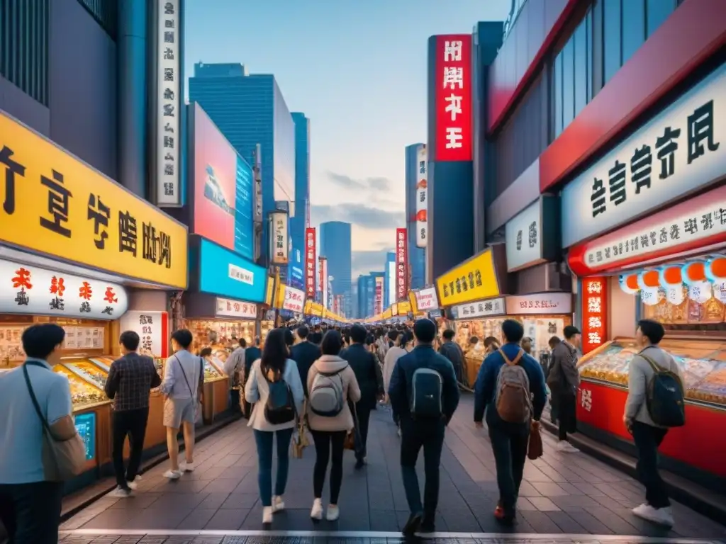 Una calle bulliciosa en Tokio, Japón, fusiona tradición y modernidad con juegos y deportes, reflejando la cultura japonesa