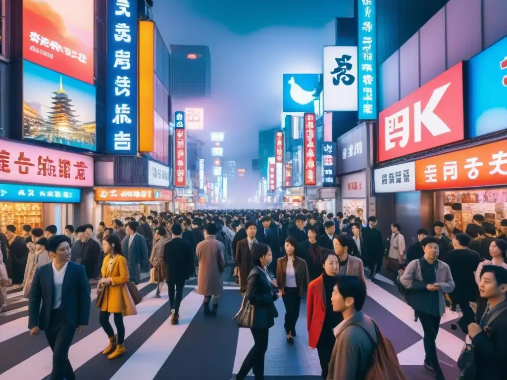 Una calle bulliciosa y vibrante en Tokio, Japón, llena de letreros de neón coloridos y multitudes animadas