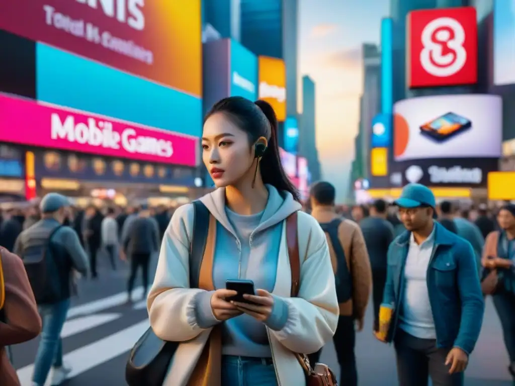 Una calle de la ciudad llena de gente de todas las edades concentradas en juegos móviles