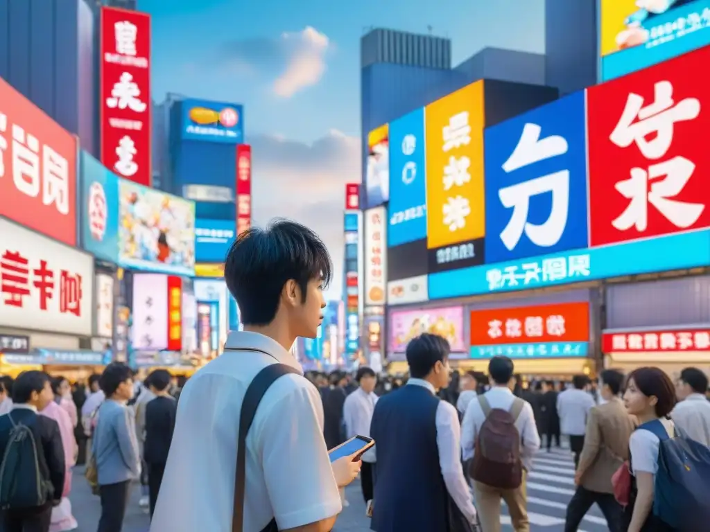 Una calle de Tokio llena de energía, con jóvenes jugando en sus móviles juegos de anime