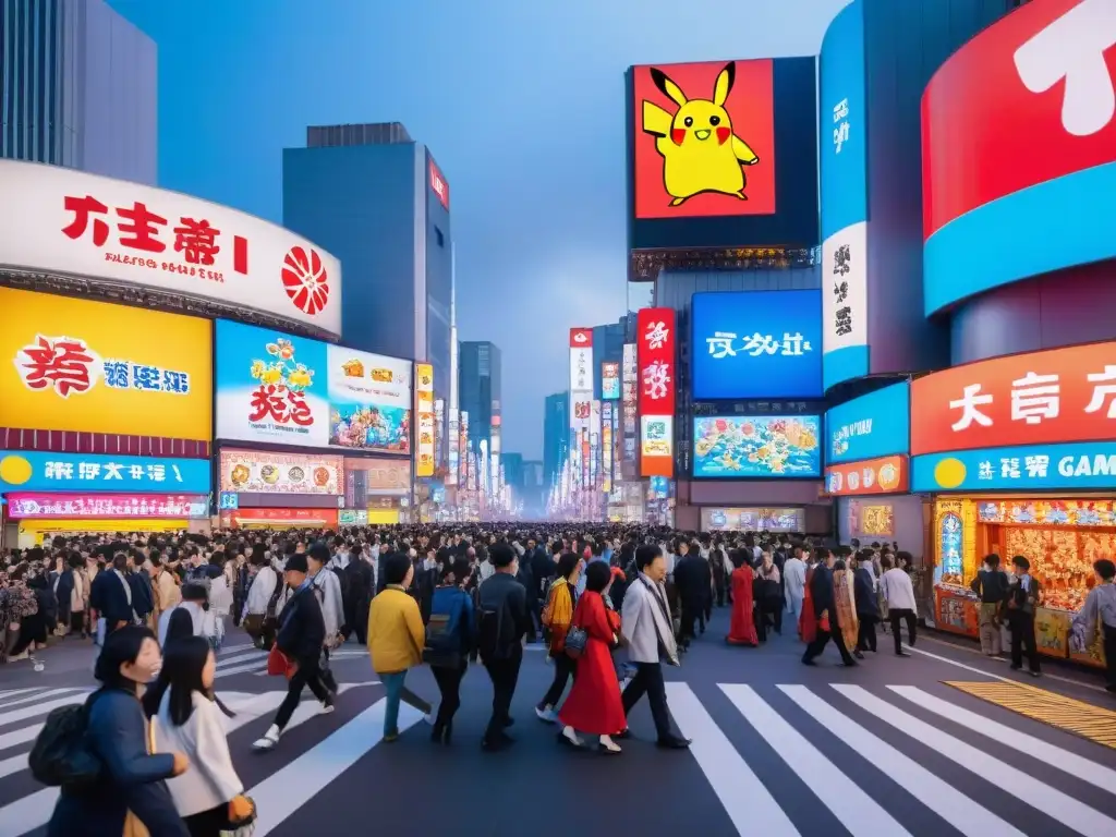 Una calle de Tokio llena de luces neón y gente vestida con trajes anime, jugando juegos japoneses como Taiko no Tatsujin y Dance Dance Revolution