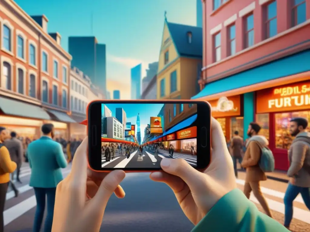 Una calle urbana bulliciosa con gente de diversas edades y fondos interactuando con juegos de realidad aumentada en sus smartphones