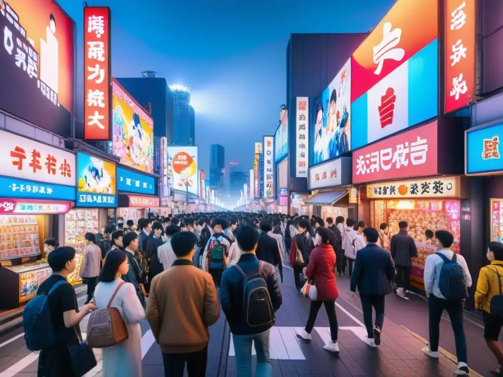 Una calle vibrante y bulliciosa en Tokio, Japón, llena de luces de neón y carteles coloridos que anuncian videojuegos, manga y anime