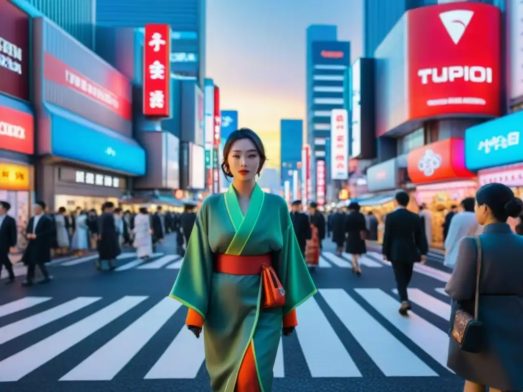 Una calle vibrante en Tokio, Japón, con luces neón, tiendas tecnológicas y mezcla de arquitectura tradicional y moderna