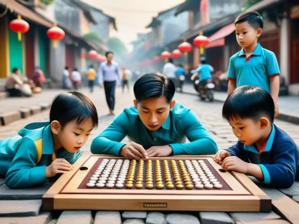 Un callejón bullicioso en Hanoi: niños vietnamitas juegan O An Quan con intensidad, rodeados de arquitectura tradicional